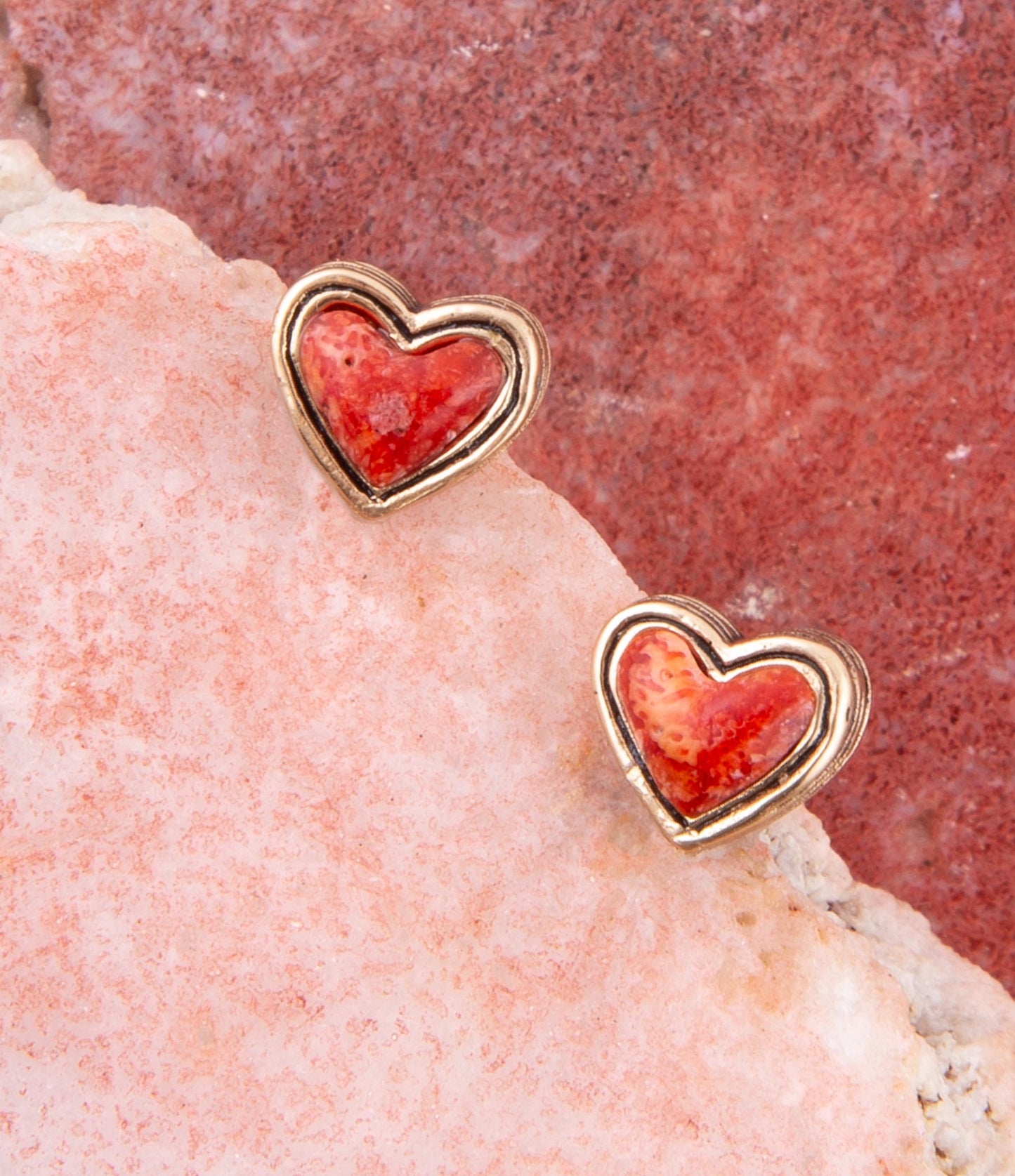 Heart Red Sponge Coral Golden Stud Earrings