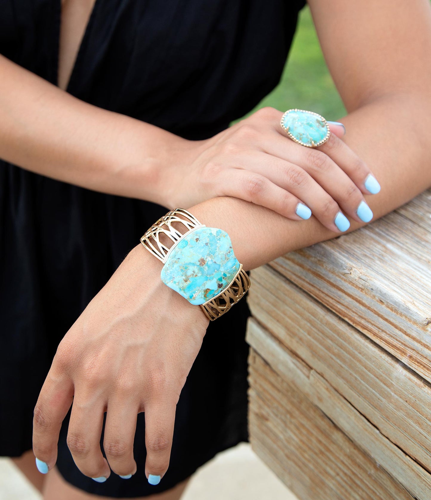 Refined Blue Turquoise Golden Statement Ring