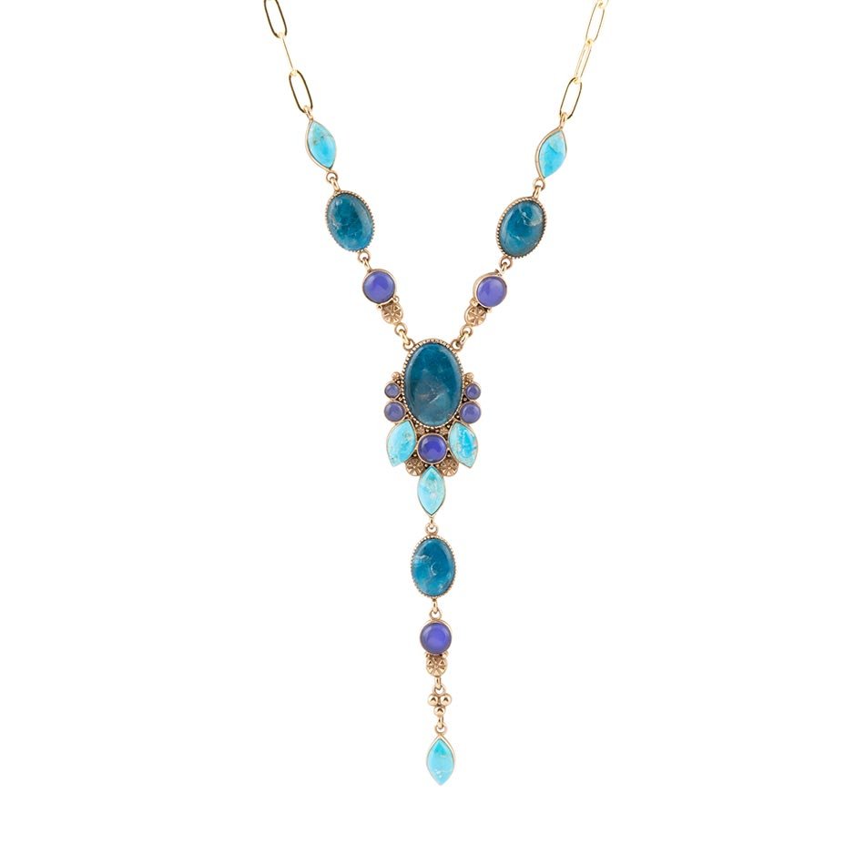 Regal Blue Apatite Mixed Stone Golden Pendant Necklace