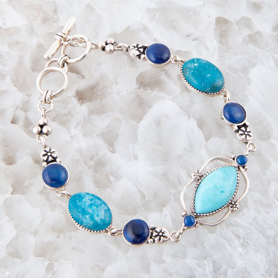 Regal Blue Turquoise and Apatite Sterling Silver Link Bracelet