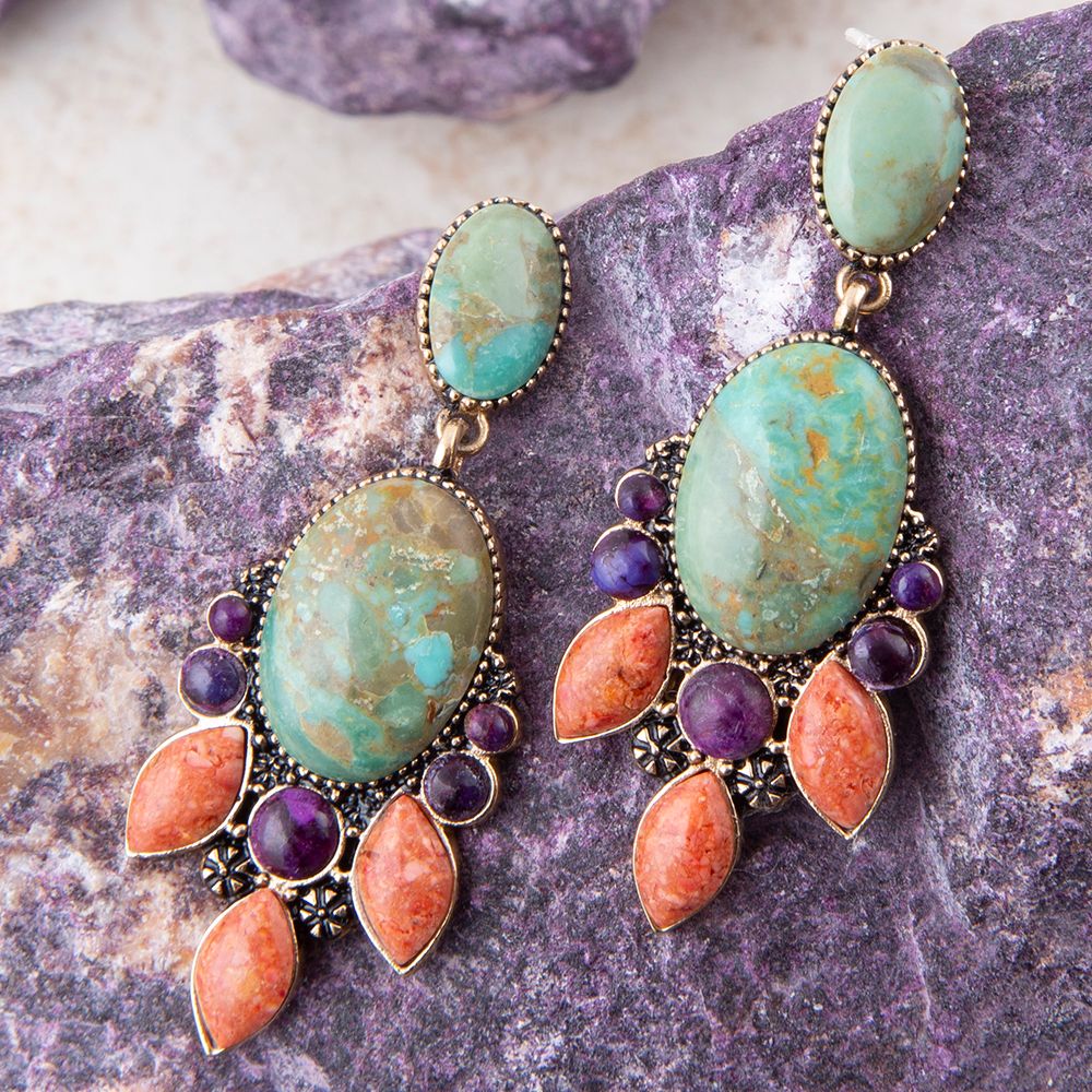 Regalia Blue Turquoise Purple and Orange Coral Goldden Post Drop Earrings