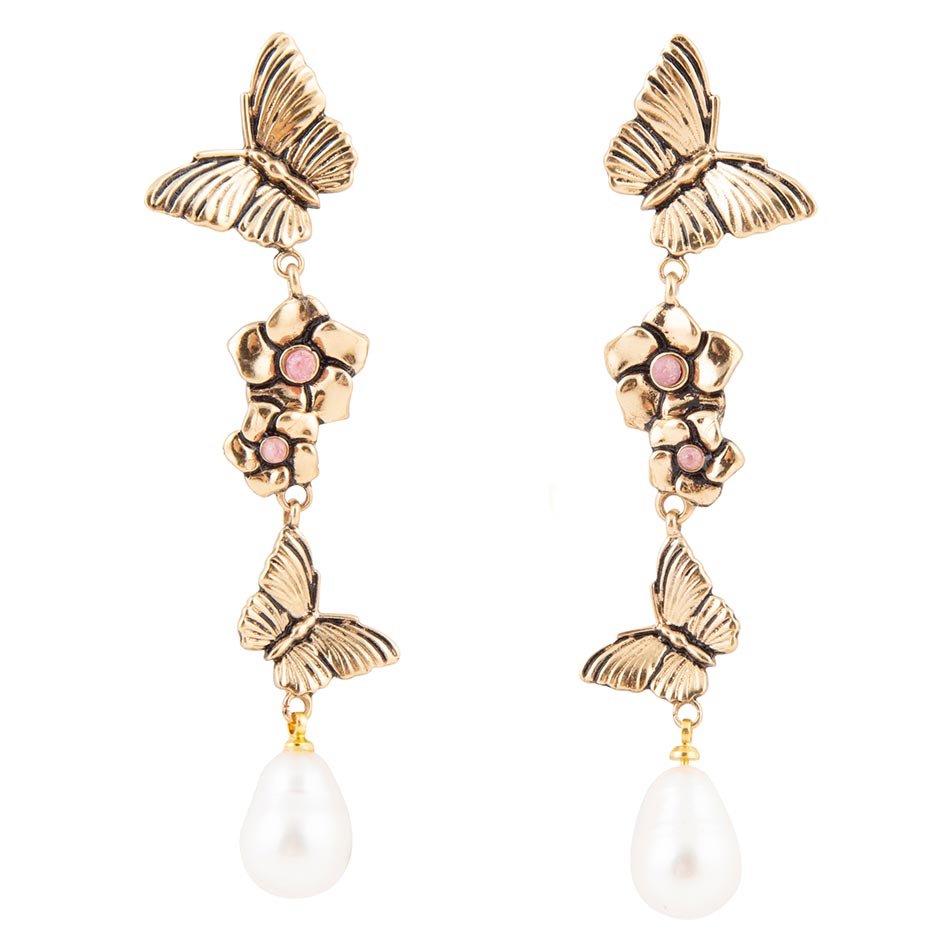 Rhodonite and White Pearl Golden Butterflies Post Drop Earrings
