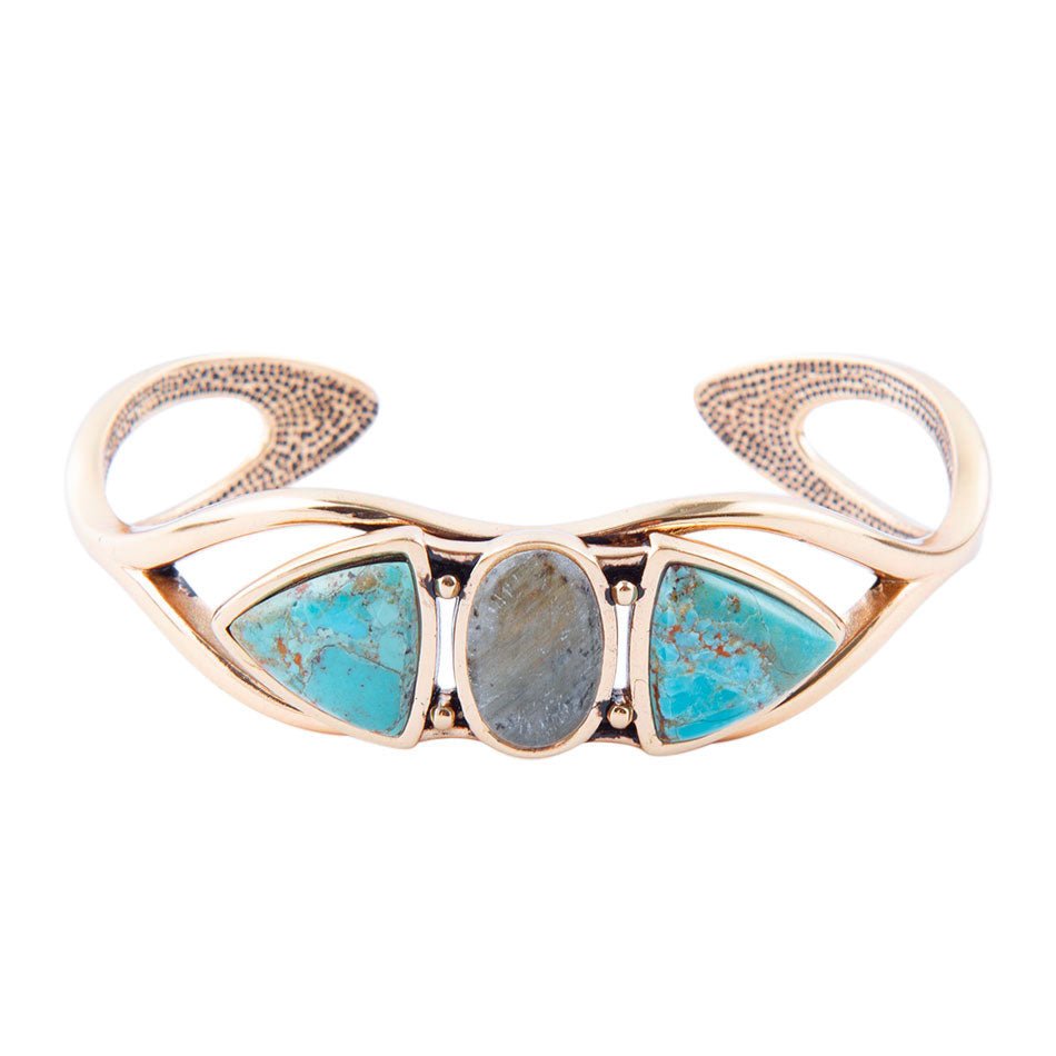 Gray Labradorite and Blue Turquoise Golden Cuff Bracelet