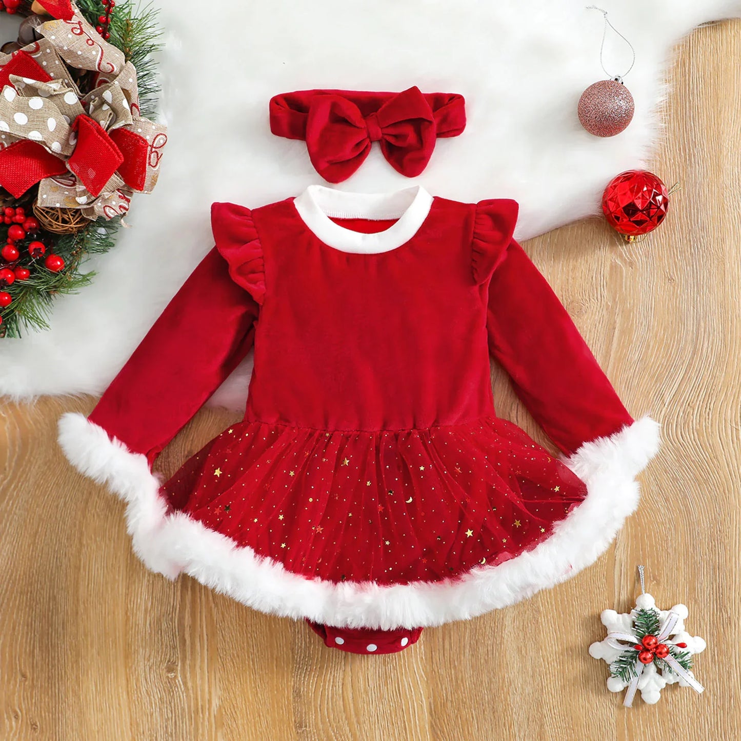 Baby Girl Christmas Romper with Sequin Skirt & Headband - # GIAA212310006
