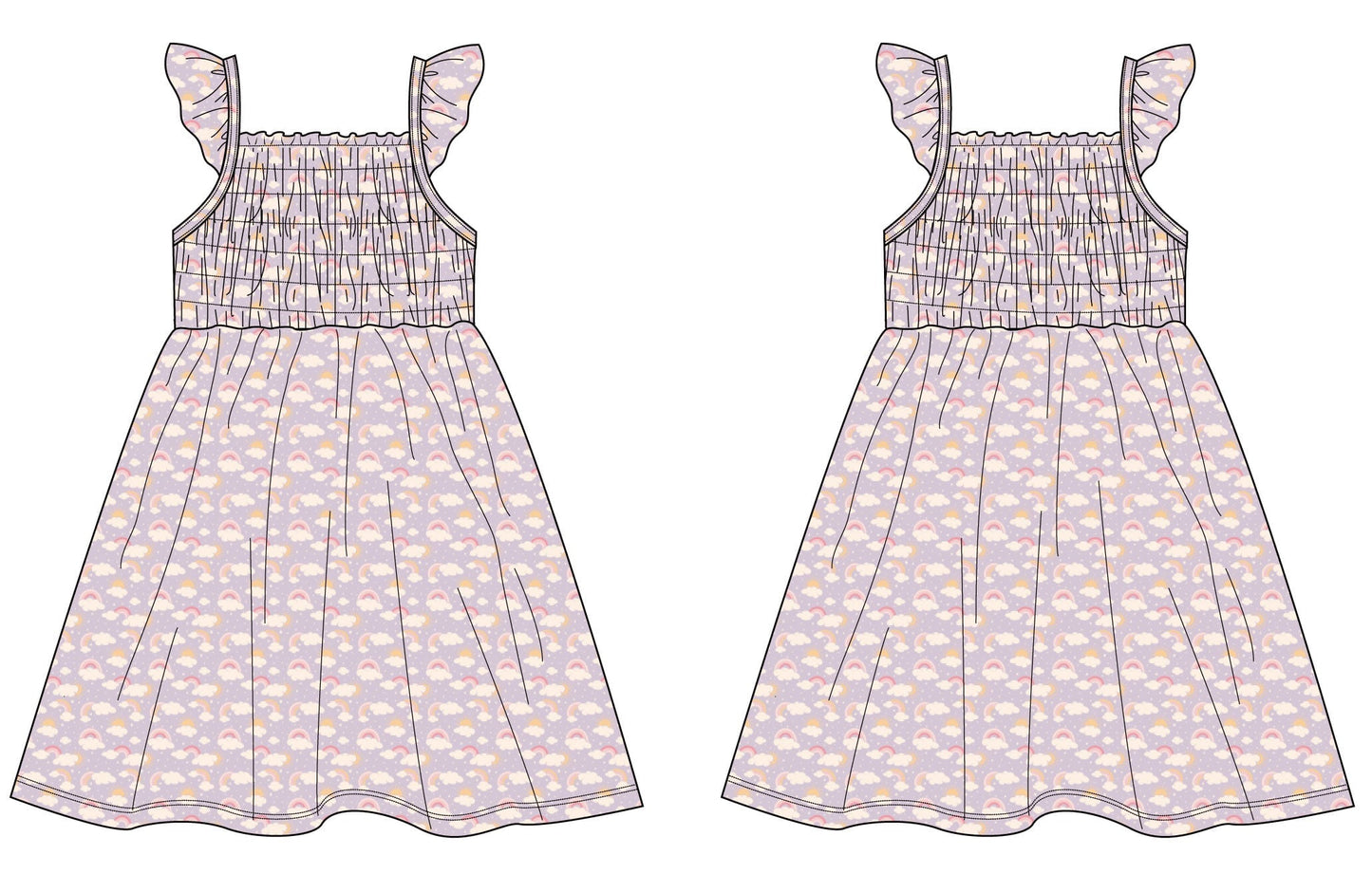 Lavender Rainbows and Clouds Smocked Vintage Dress