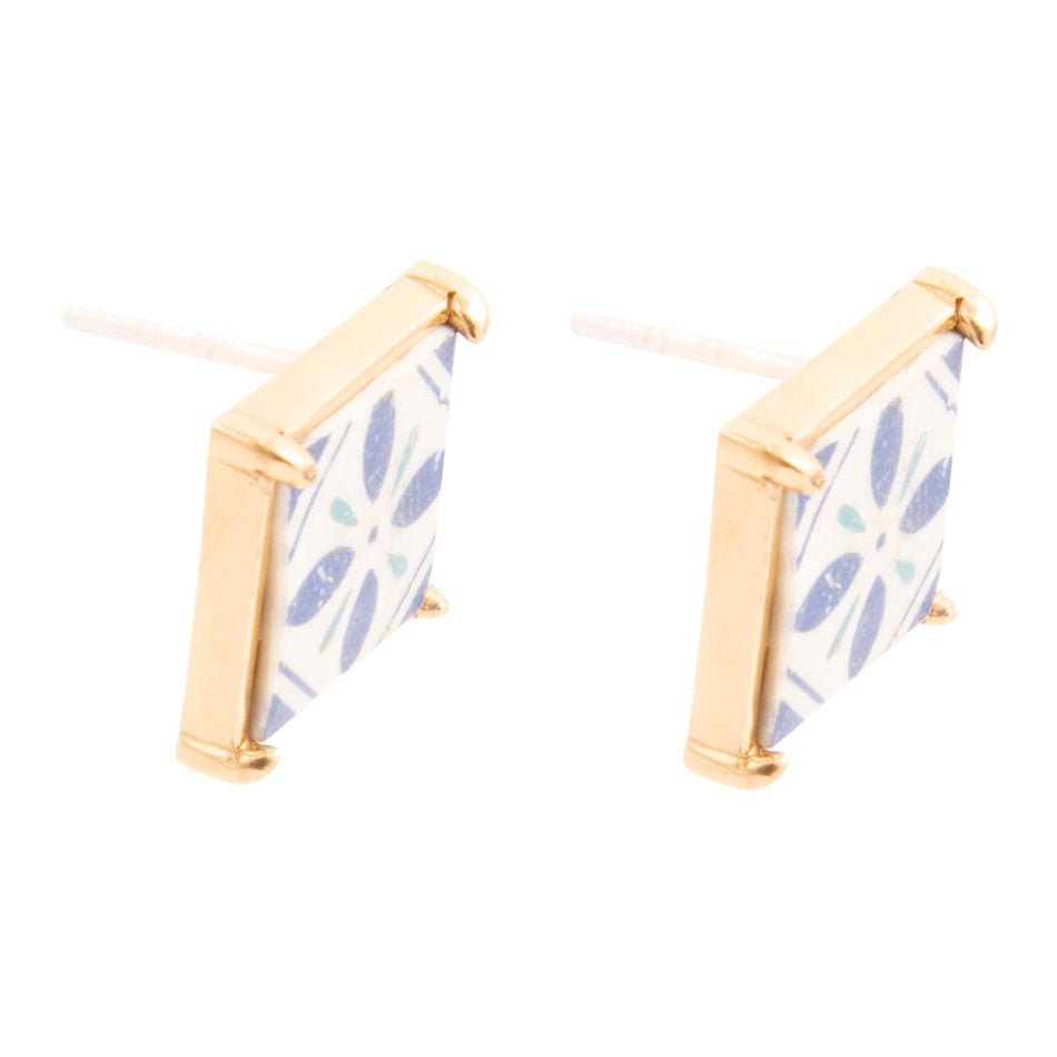 Santorini Dreams Blue and White Tile Post Stud Golden Earrings