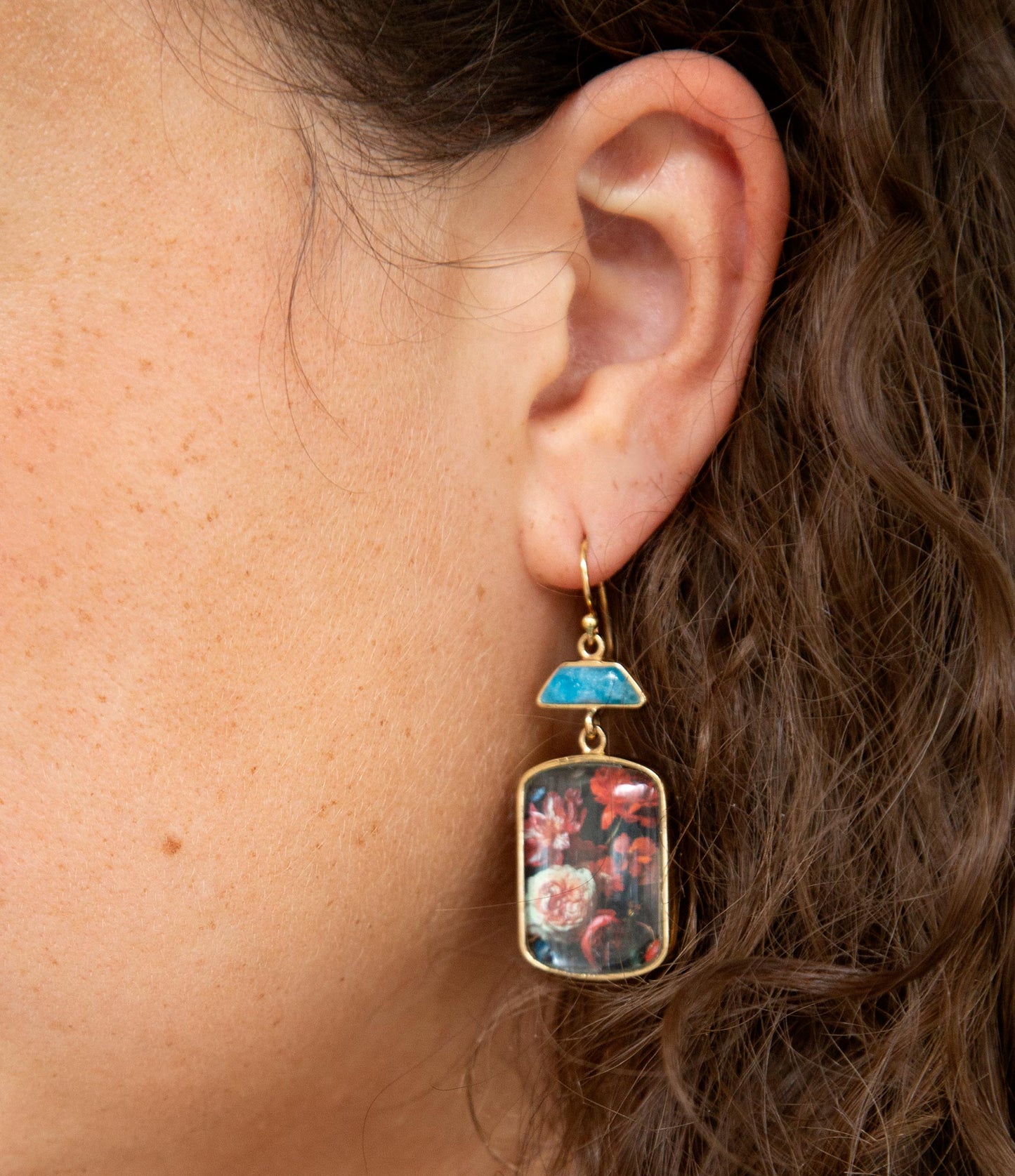 Scenic Dark Florals Blue Apatite Golden Drop Earrings