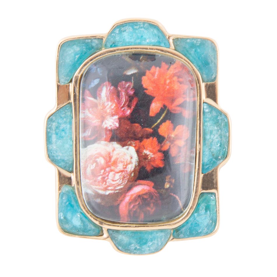Scenic Red Florals Blue Apatite Golden Statement Ring