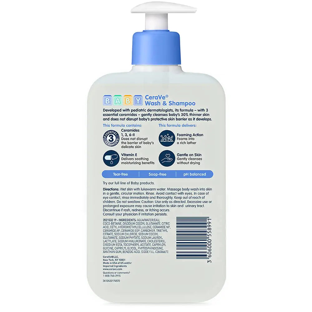 CeraVe Baby Wash & Shampoo | 2-in-1 Tear-Free for Skin Hair Fragrance, Paraben, Dye, Phthalates Sulfate Free Bath| Soap with Vitamin E 16 Ounce 1 Pound (Pack of 1) - # BAGE11110003