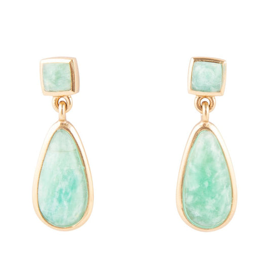Smooth Green Amazonite and Golden Bronze Teardrop Earrings