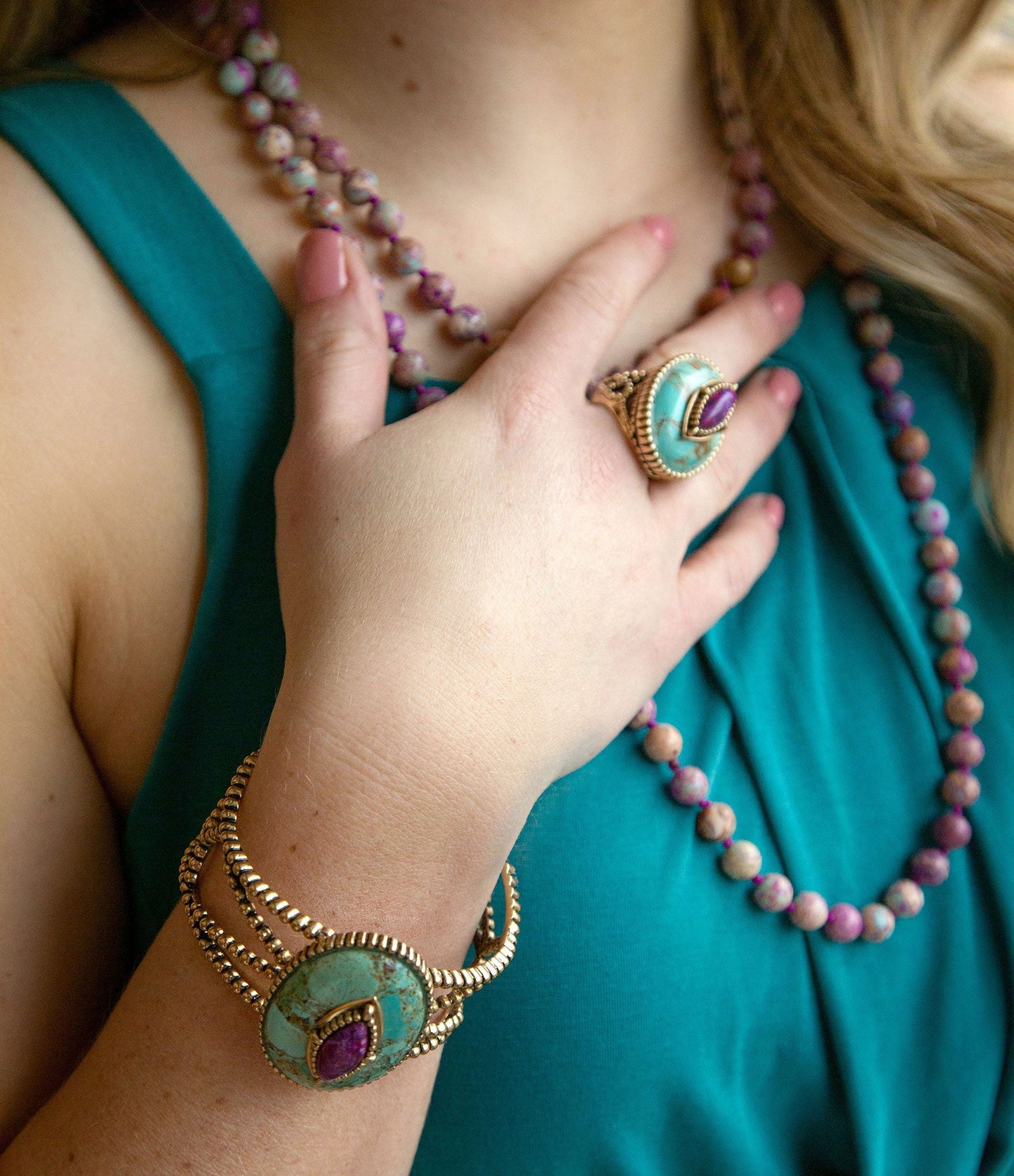 Stacked Blue and Purple Turquoise Golden Cuff Bracelet