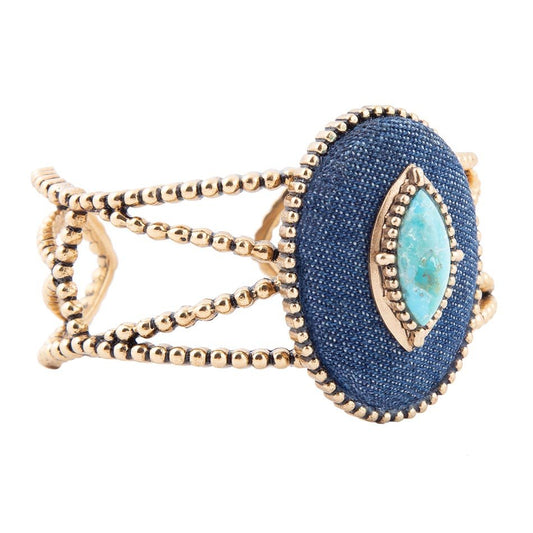 Stacked Blue Turquoise and Denim Golden Cuff Bracelet