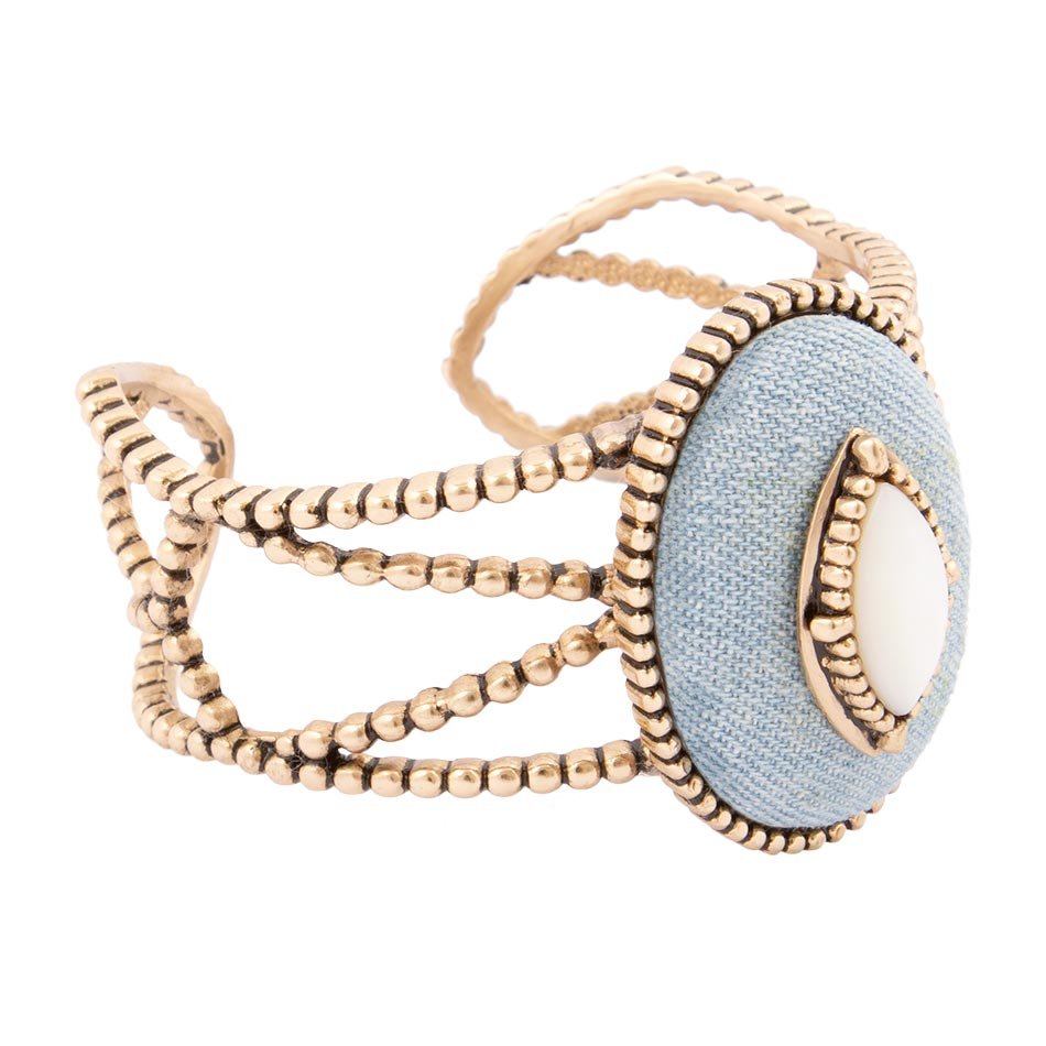 Blue Denim Dreams White Mother of Pearl Golden Cuff Bracelet