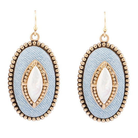 Blue Denim Dreams White Mother of Pearl Golden Drop Earrings