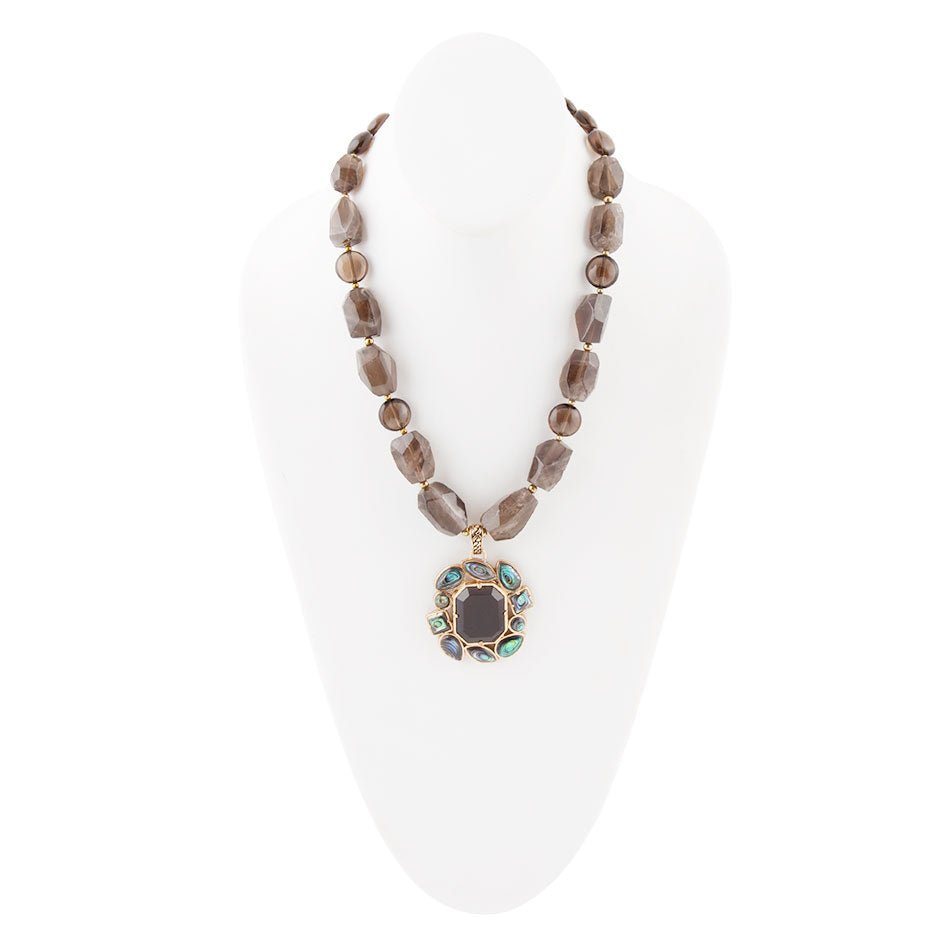 Tribecca Blue Abalone and Black Smoky Quartz Golden Statement Necklace
