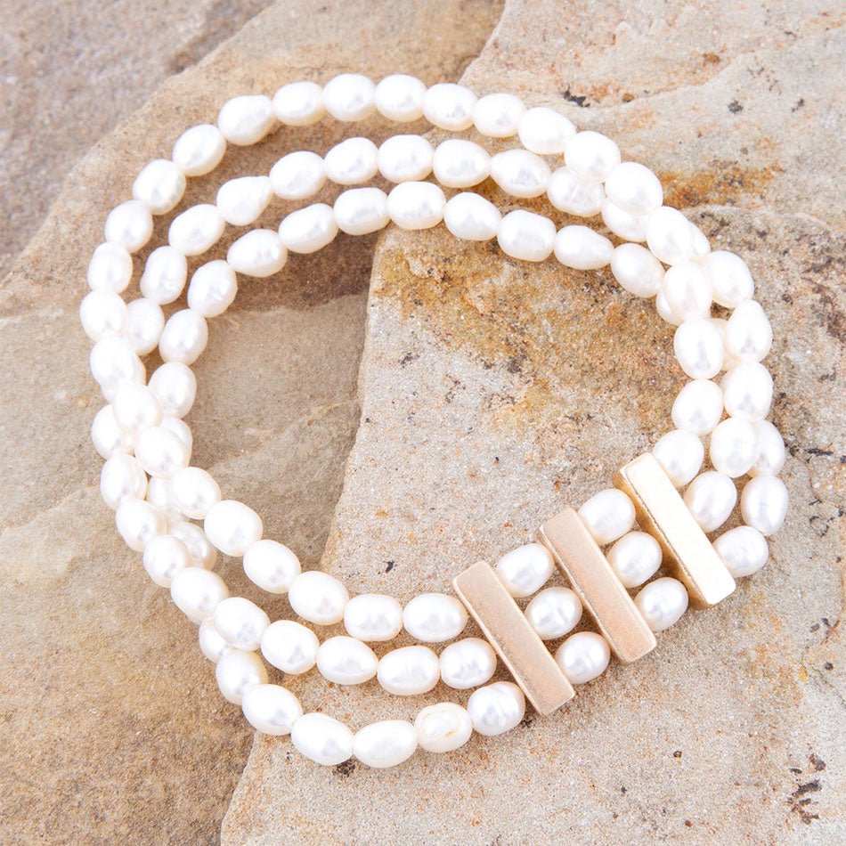 Triple Freshwater White Pearl Classic Golden Stretch Bracelet