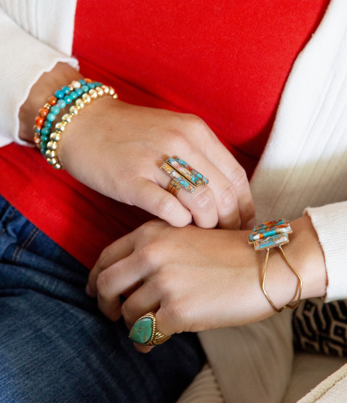 Triple Threat Blue Turquoise Orange Spiny Oyster Matrix Golden Ring Set