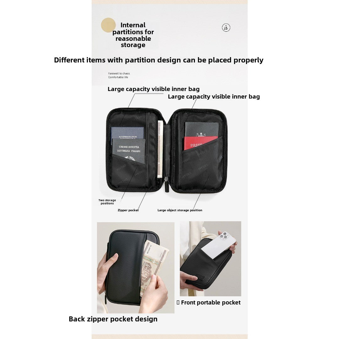 Large capacity passport bag, multi-function document storage bag, PU waterproof travel storage bag, anti-theft tote certificate bag.