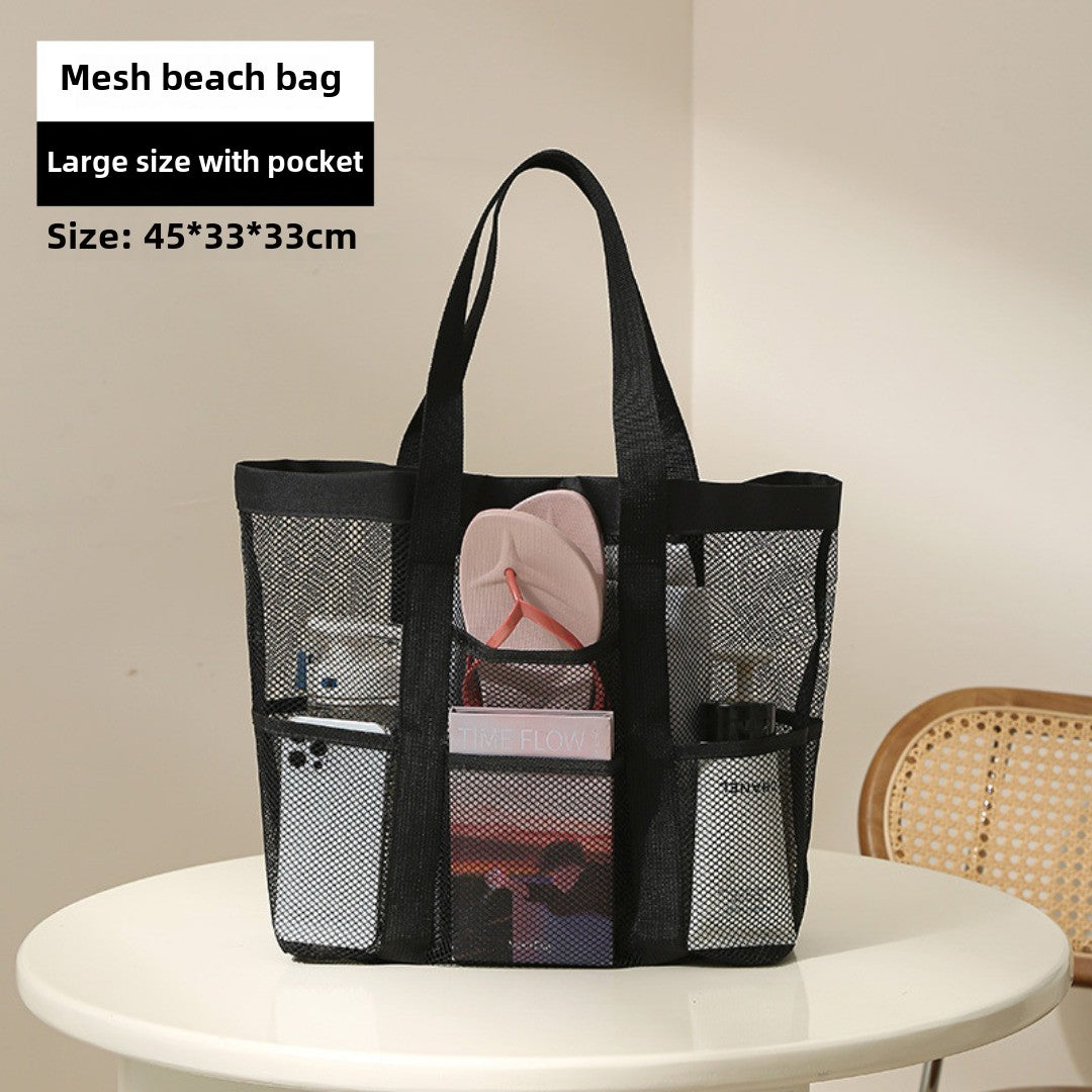 Mesh Shower Tote Bag, Portable Beach Bag, Summer Travel Large Capacity Portable Mesh Tote Bag, Foldable Wash and Makeup bag large