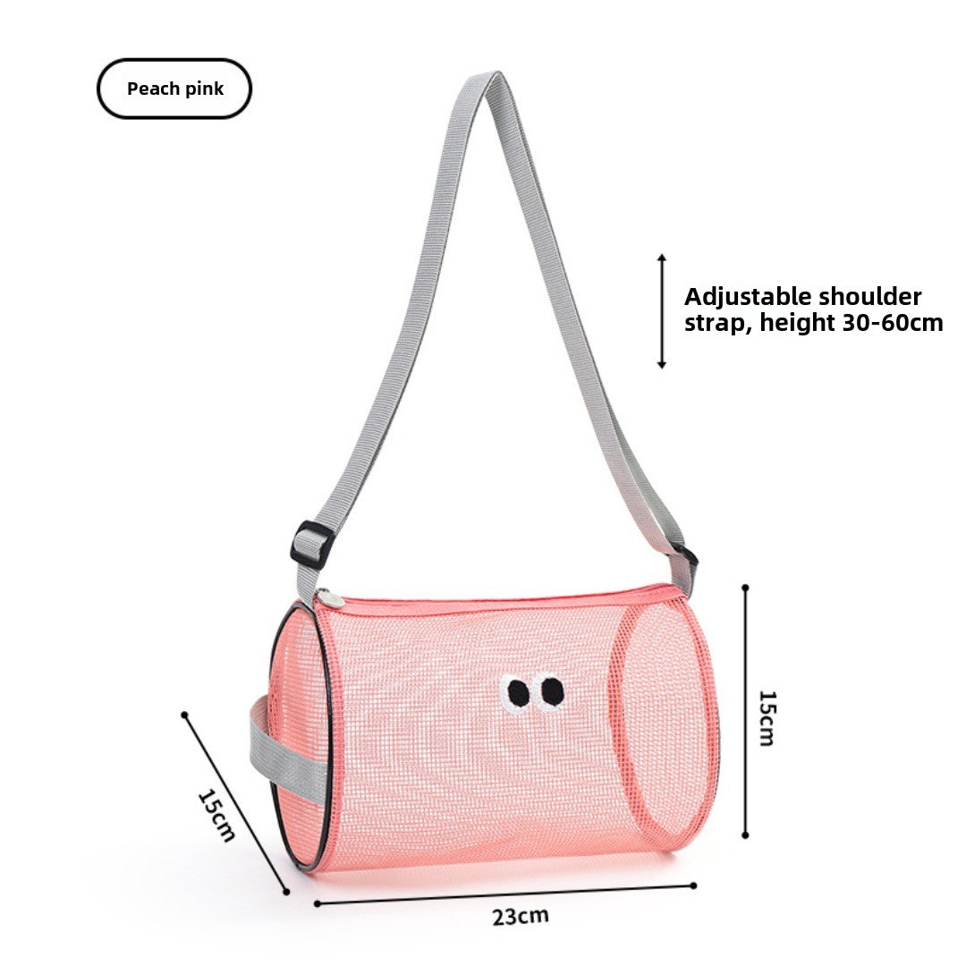 Big eye mesh cylinder bag, breathable leisure travel crossbody bag mesh, portable crossbody beach bag, swimming wash storage bag