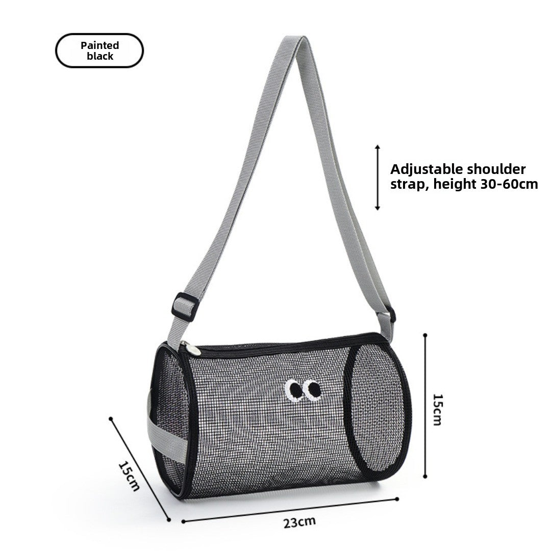 Big eye mesh cylinder bag, breathable leisure travel crossbody bag mesh, portable crossbody beach bag, swimming wash storage bag