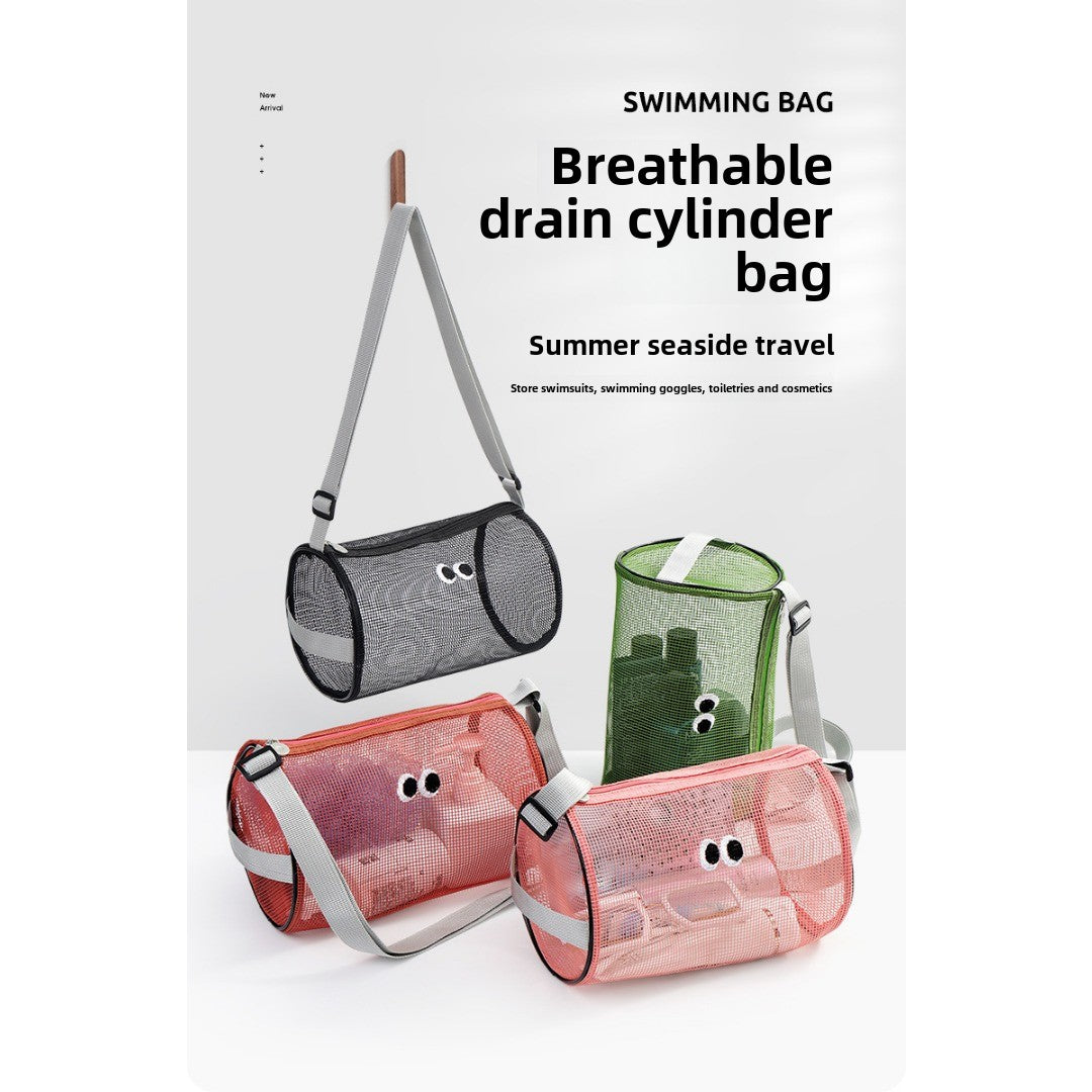 Big eye mesh cylinder bag, breathable leisure travel crossbody bag mesh, portable crossbody beach bag, swimming wash storage bag