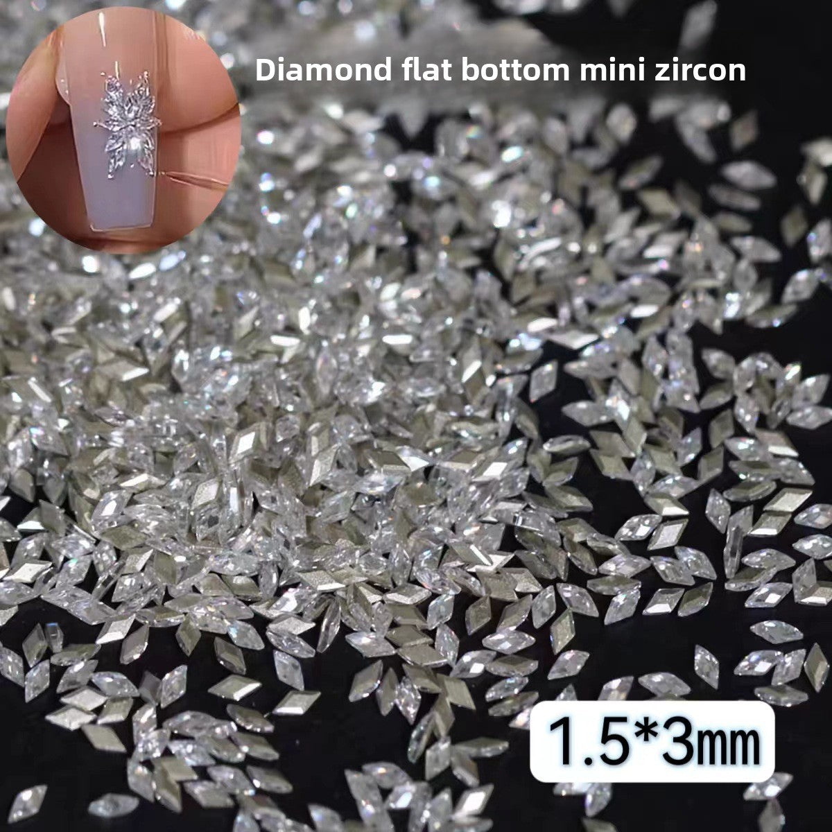1061 Mini 1.5 * 3 rhombus zircon nail diamond, small flat bottom micro zirconium horse eye nail jewelry for press on nails