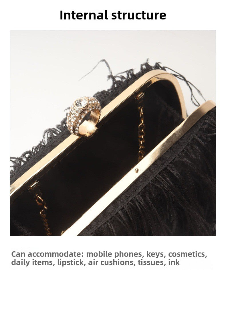 Elegant Ostrich Hair Ring Box – Small Square Bag with Chain Crossbody Shoulder Velvet Evening Clutch Purse, Perfect for Dinner, Casual Outings, Party Events, and Prom Nights