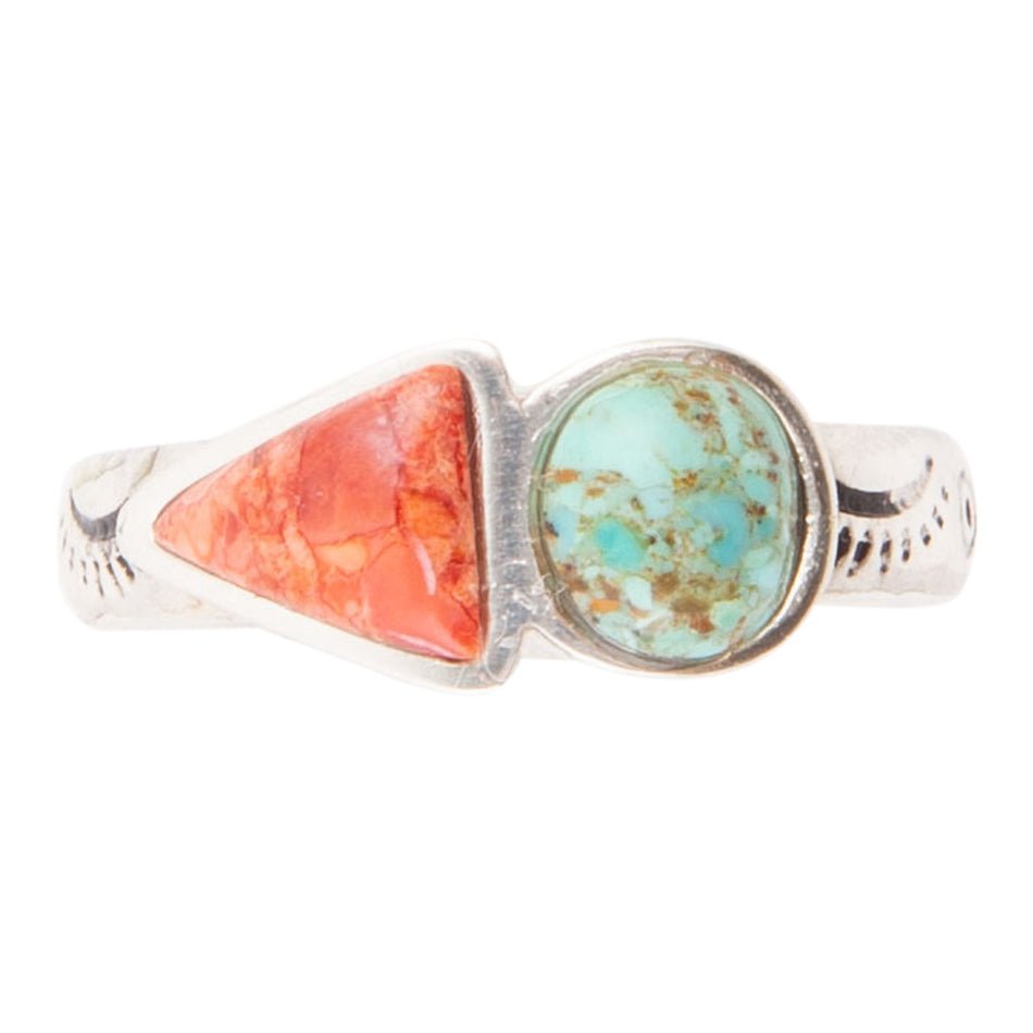 Blue Turquoise and Orange Coral Duo Sterling Silver Ring
