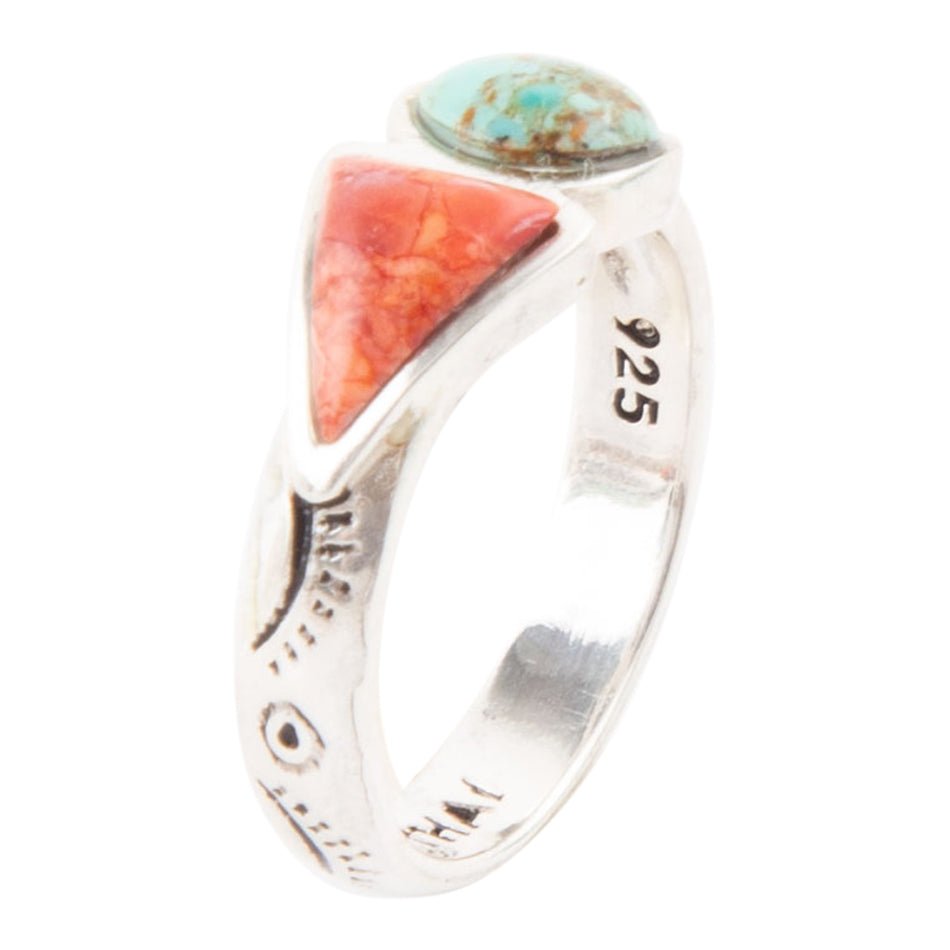 Blue Turquoise and Orange Coral Duo Sterling Silver Ring