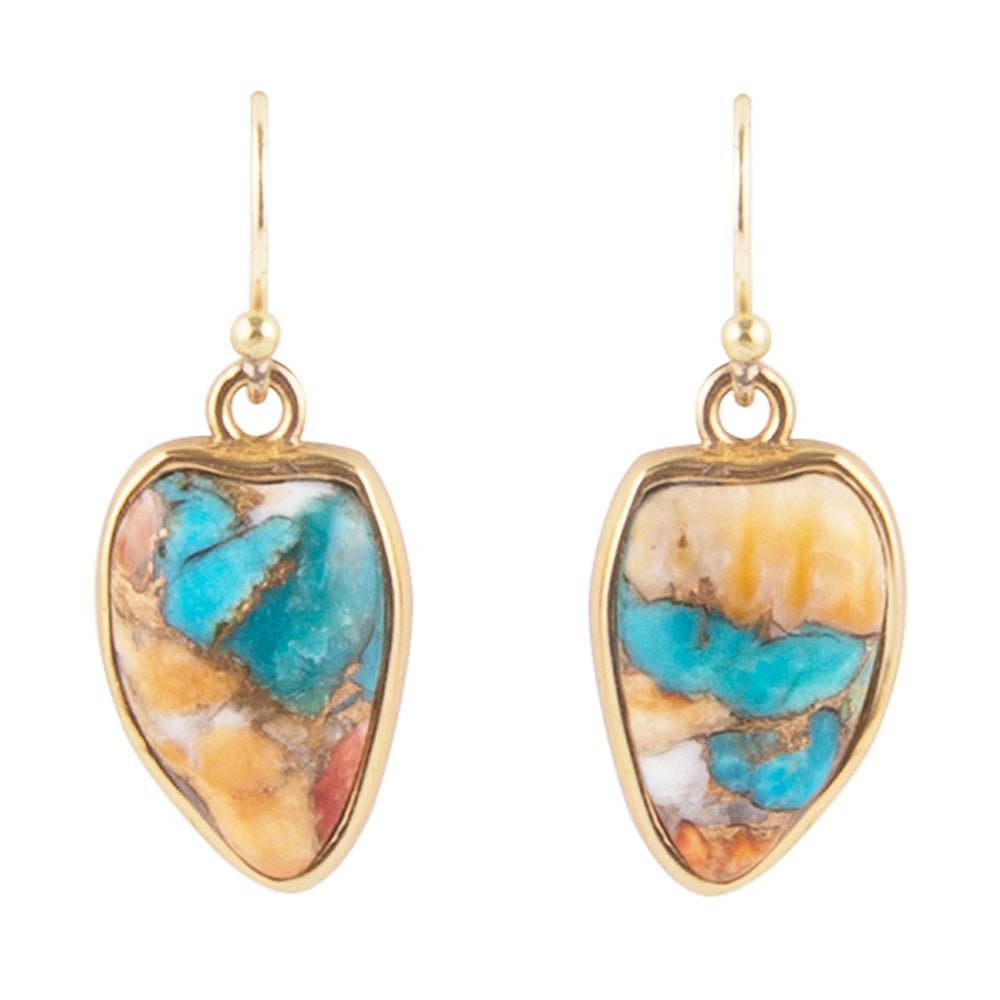 Blue Turquoise and Orange Spiny Oyster Matrix Golden Drop Earrings