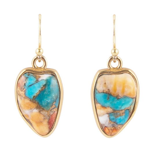 Blue Turquoise and Orange Spiny Oyster Matrix Golden Drop Earrings