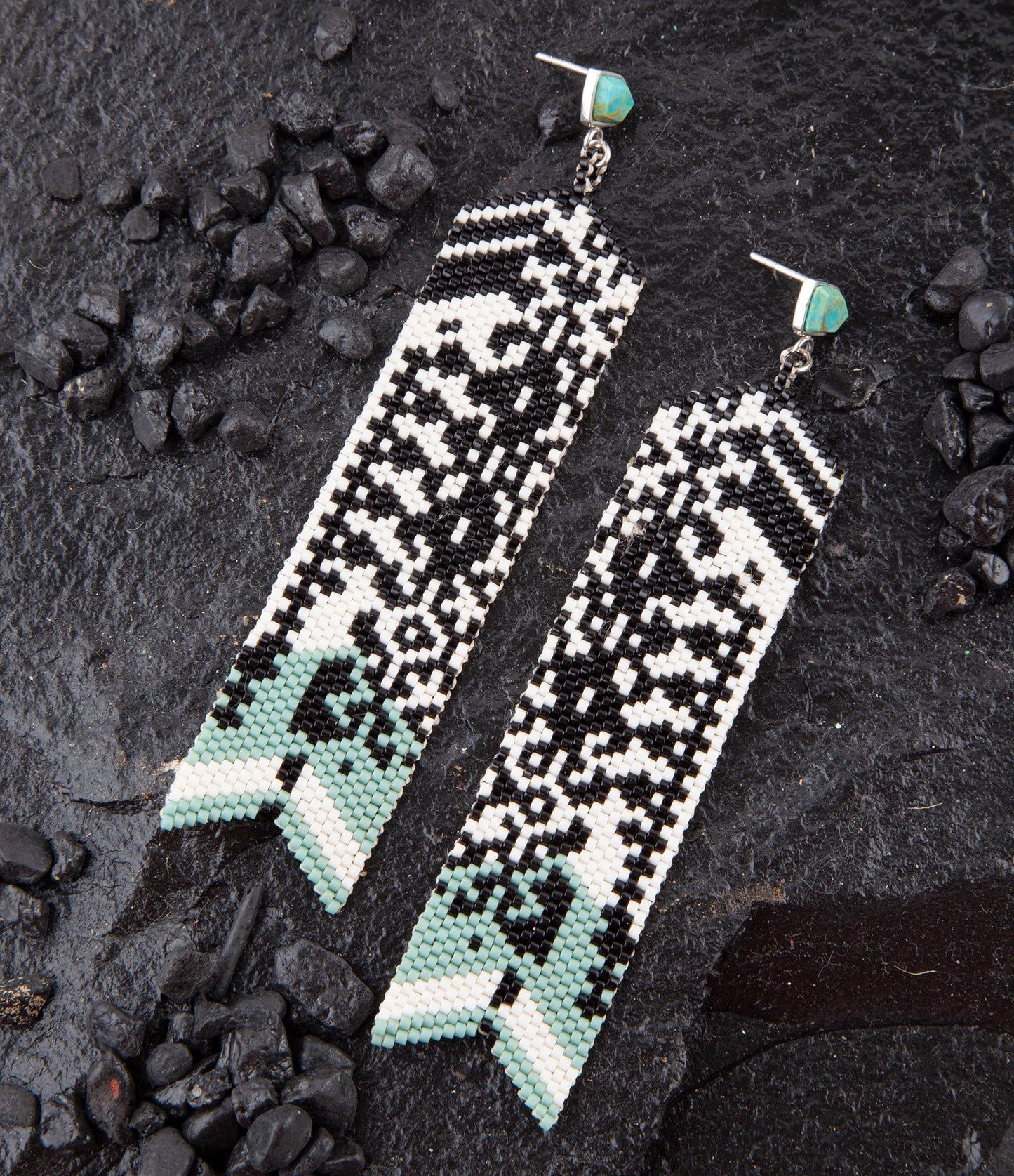Turquoise Long Woven Seed Bead Earrings