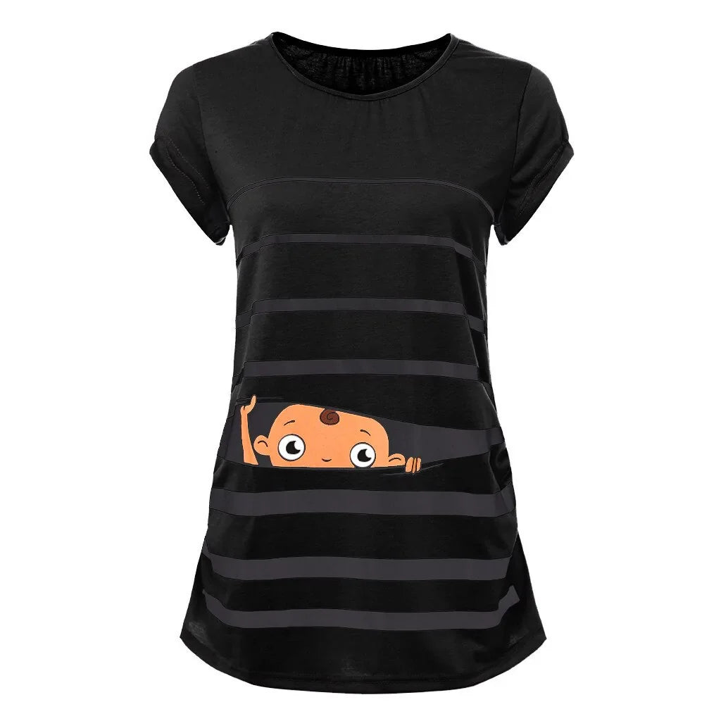 Sweet Cartoon Striped Maternity Summer T-shirt - # WOAA21510010-PRG