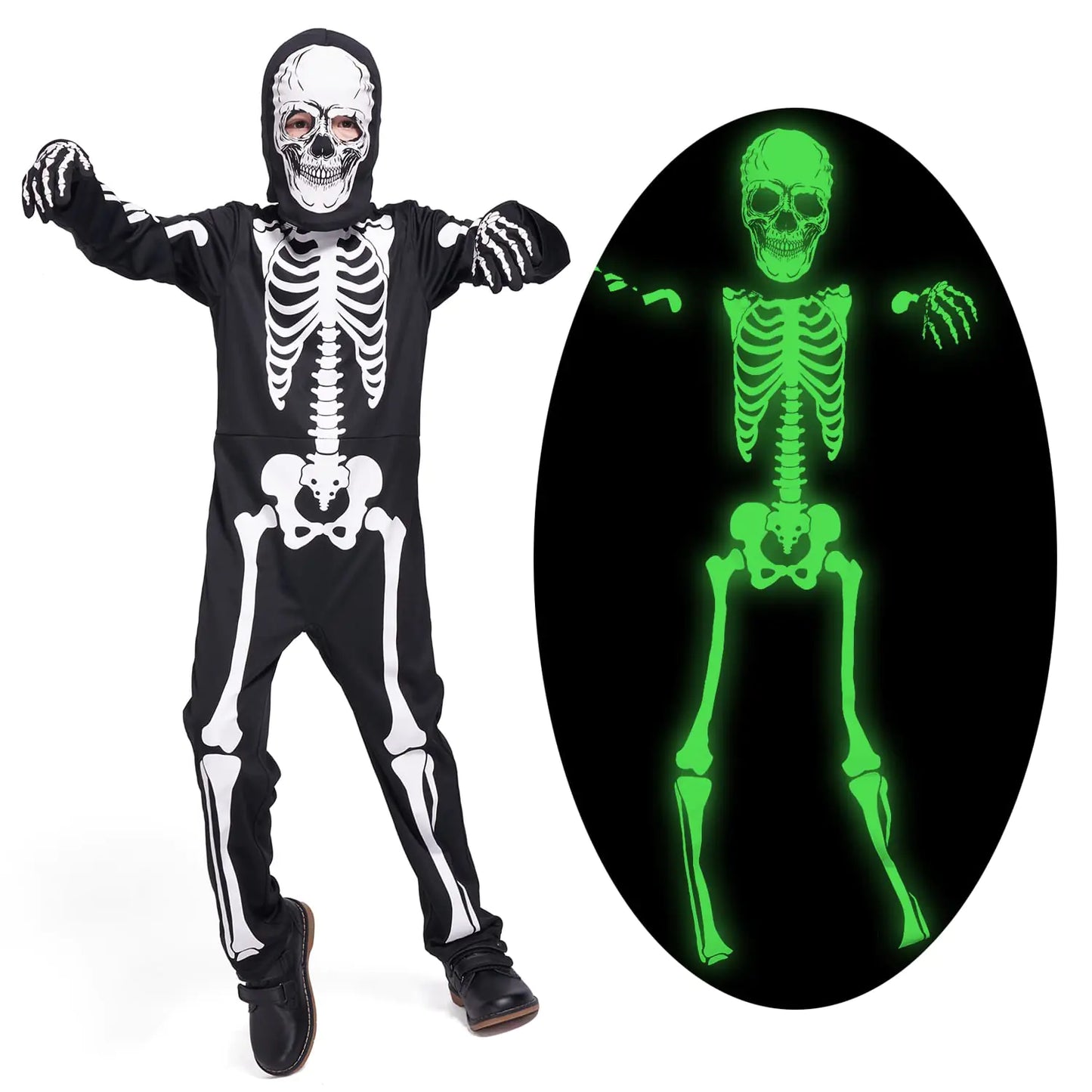 Sincere Party Kids Skeleton Costume Glow in the Dark Skeletons Halloween Skeleton Costumes for Boys and Girls 7-9years White Gid Skeleton -# BOAA111510002