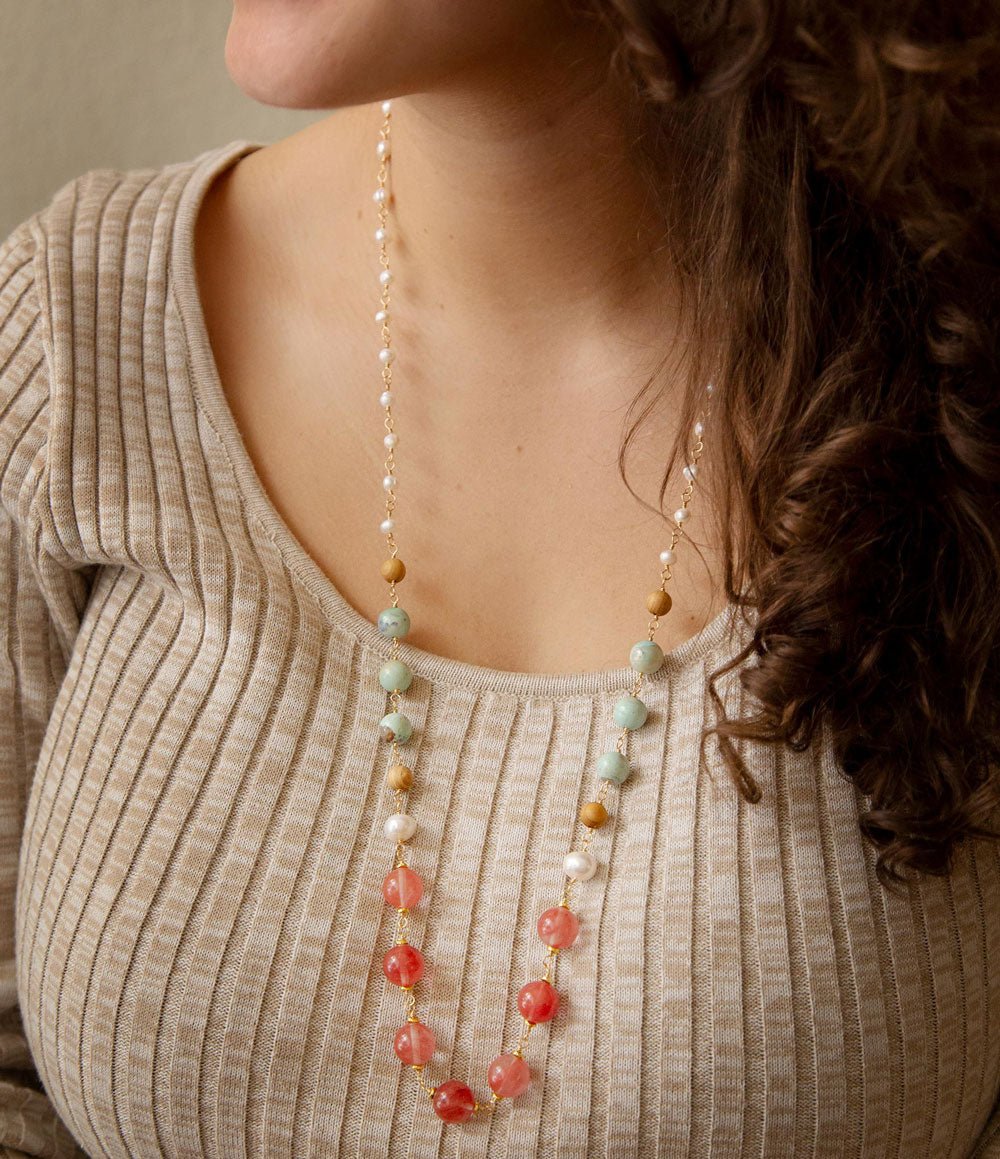 Watermelon Kiss Mint Jasper Golden Long Necklace