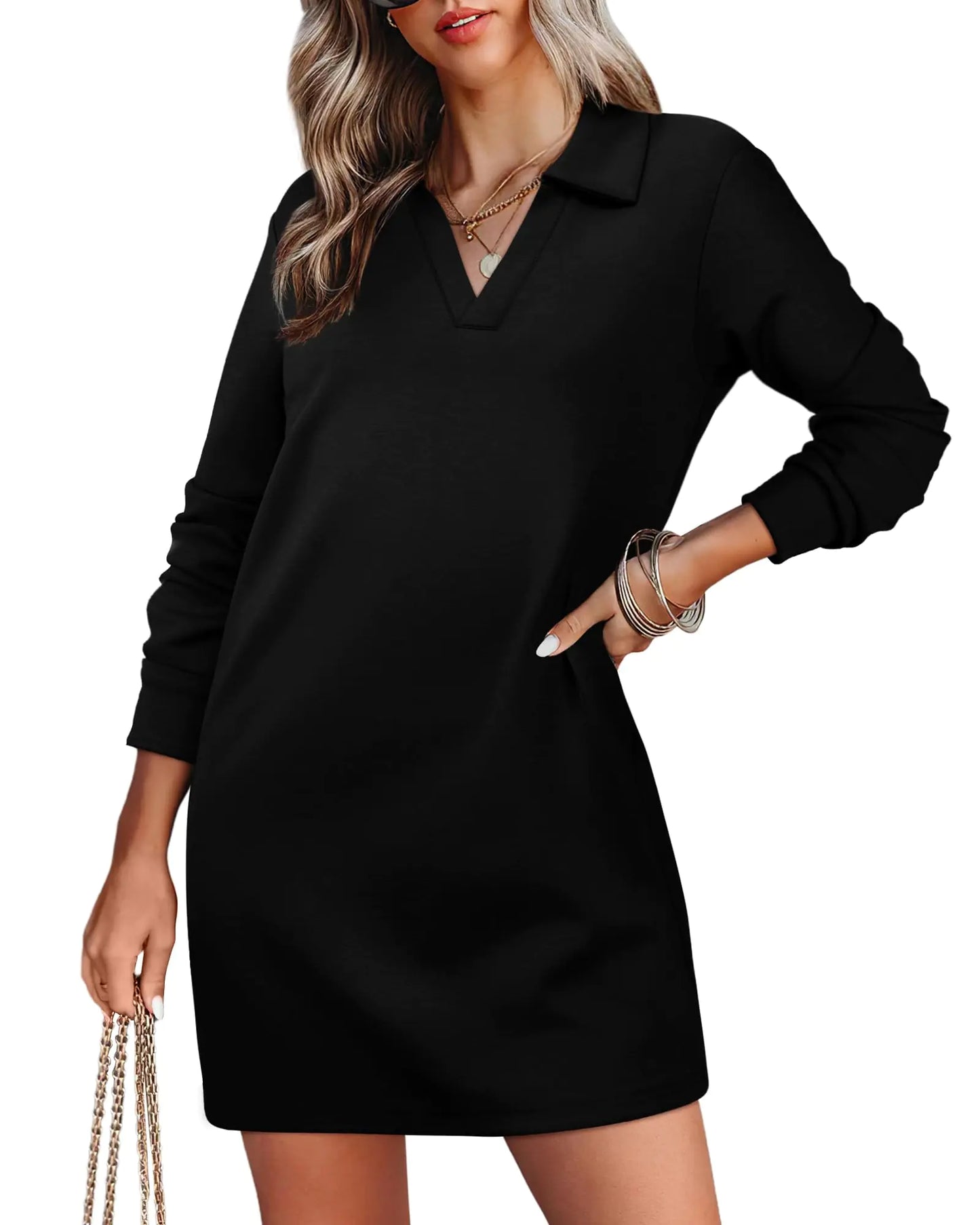 WIHOLL Womens Long Sleeve Lapel Collared V Neck Sweatshirt Dress Loose Fit Solid Color Mini Dresses Fall 2024 Black Large - # GIAA231710008