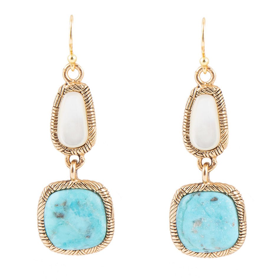 White Mother of Pearl and Blue turquoise Golden Bronze Drop Earrings