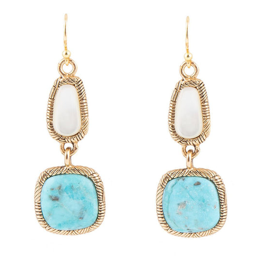 White Mother of Pearl and Blue turquoise Golden Bronze Drop Earrings