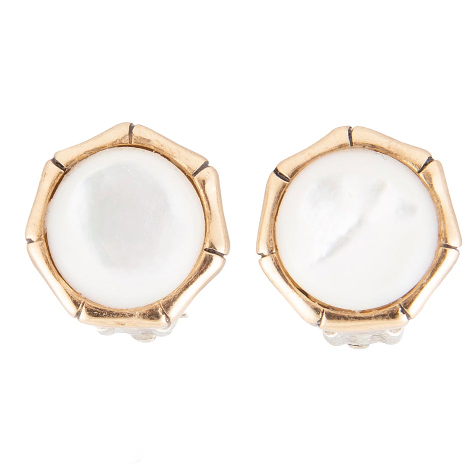 White Mother of Pearl Golden Bamboo Clip Earrings
