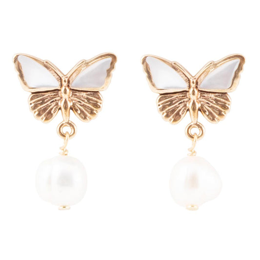 White Mother of Pearl Golden Butterflies Post Drop Earrings