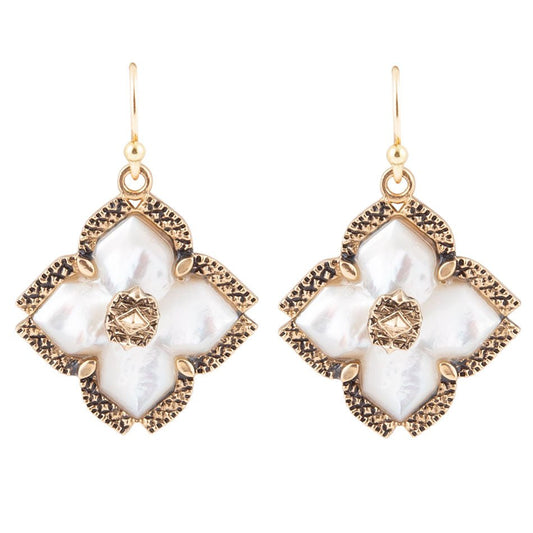 White Mother of Pearl Maltese Cross Golden Drop Earrings