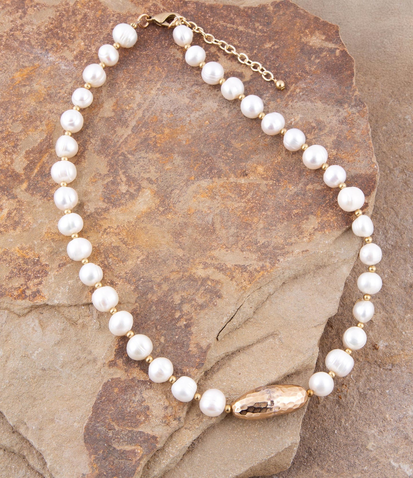 White Pearl Golden Beaded Strand Necklace