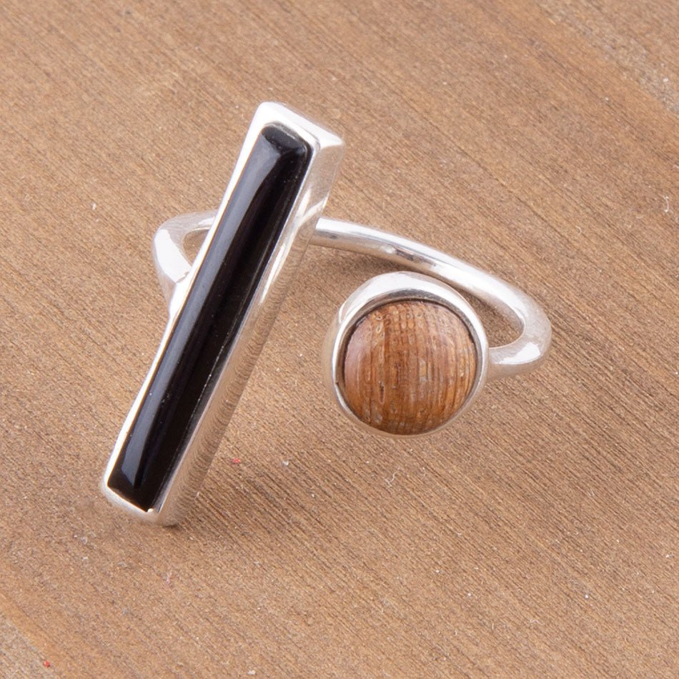 Brown Wood and Black Onyx Size Adjustable Sterling Silver Ring