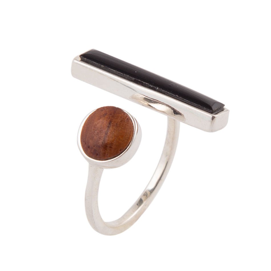 Brown Wood and Black Onyx Size Adjustable Sterling Silver Ring