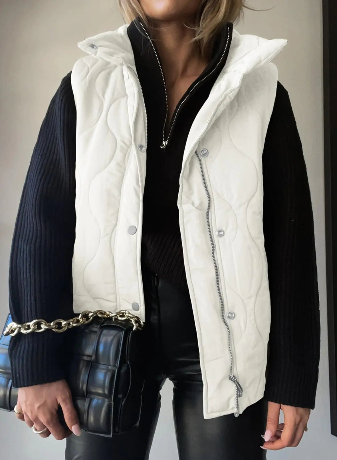 EVALESS Cropped Puffer Vest Women Lightweight Quilted Stand Collar Sleeveless Jackets Fall Button Zip Up Warm Coat Outerwear X-Large White - # GIAA23210002-PRG