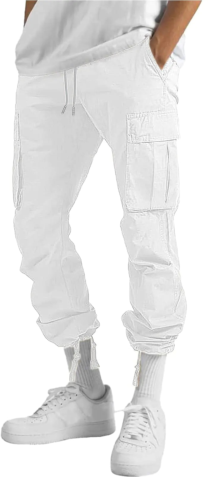 HUNGSON Boys Mens Cargo Pants Casual Hiking Pants Joggers Athletic Pants Cotton Loose Straight Sweatpants for Boys Men 28 White