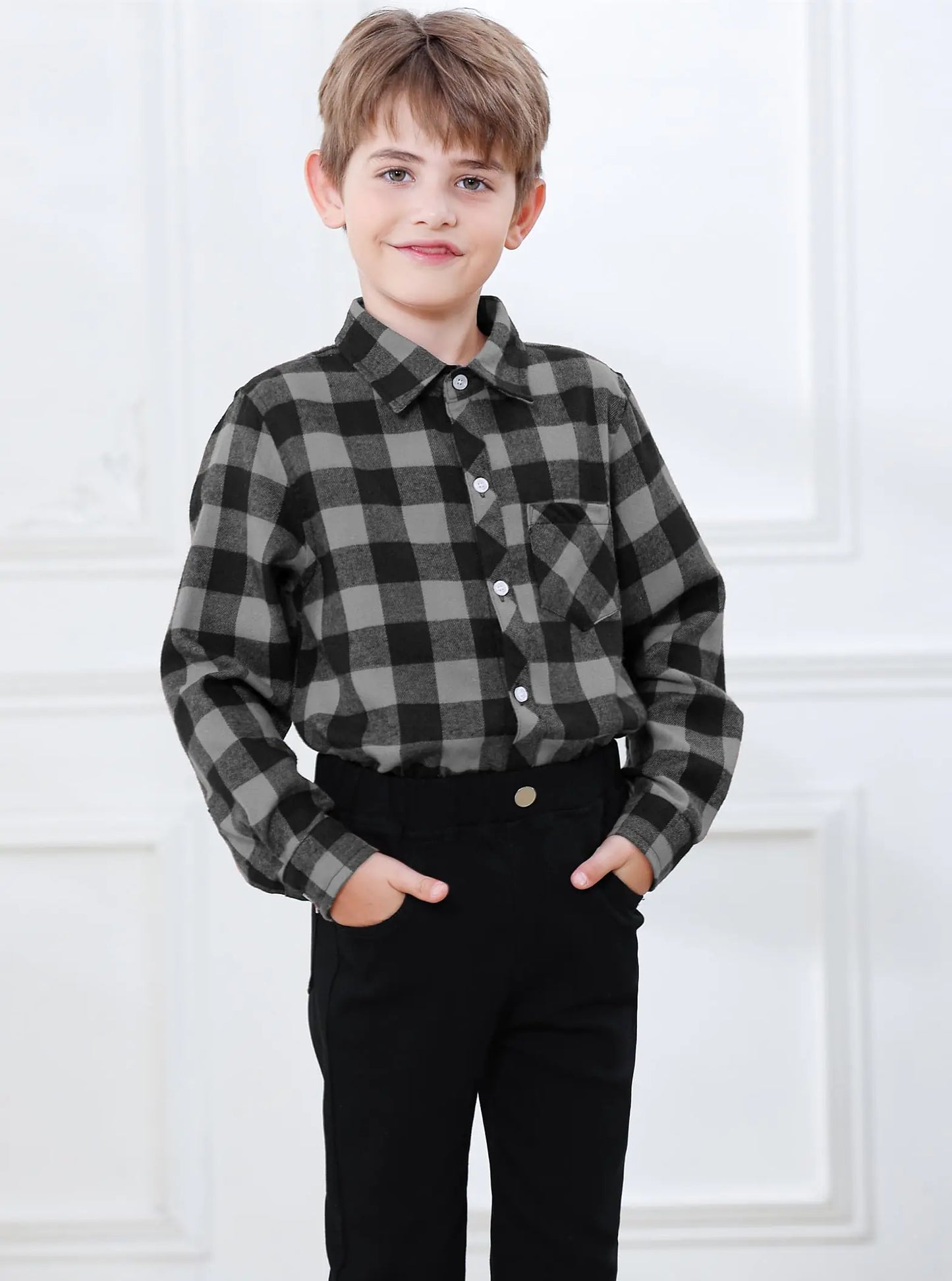 SANGTREE Mens & Boys Plaid Shirt Long Sleeve Button Down Flannel Shirts, US 3 Months - Adult 9XL Youth 14-15 Years Gray Plaid 2 - # BOAA13510001