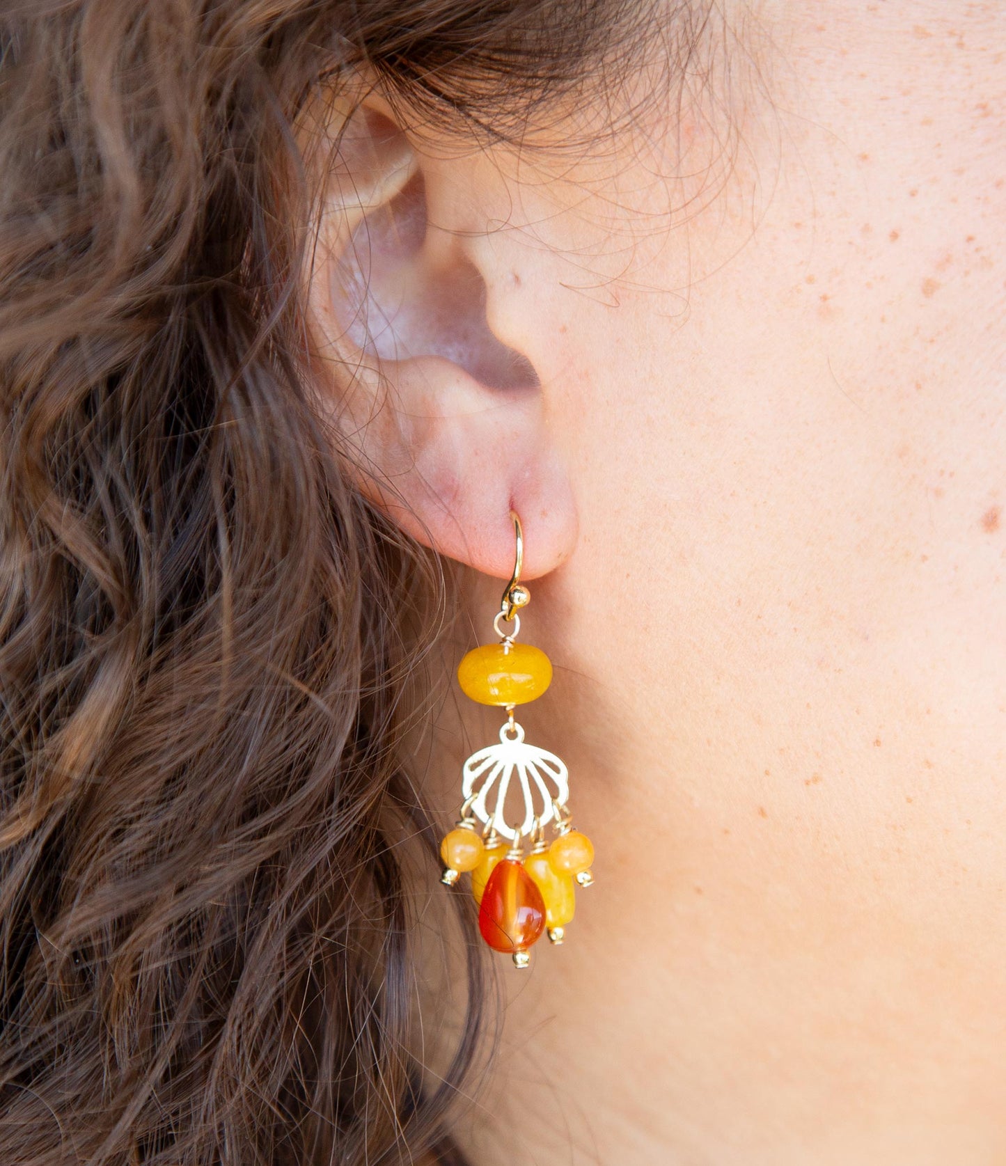 Yellow Carnelian Jade Golden Drop Earrings