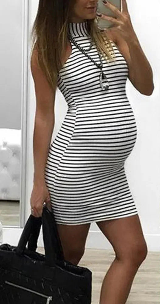 Striped Maternity Dress with Halter Neck Design - # BAGE211510119-PRG